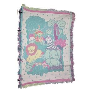RIEGEL JACQUARD VINTAGE WEAVE JUNGLE ANIMALS 42X33 FRINGE TAPESTRY THROW BLANKET